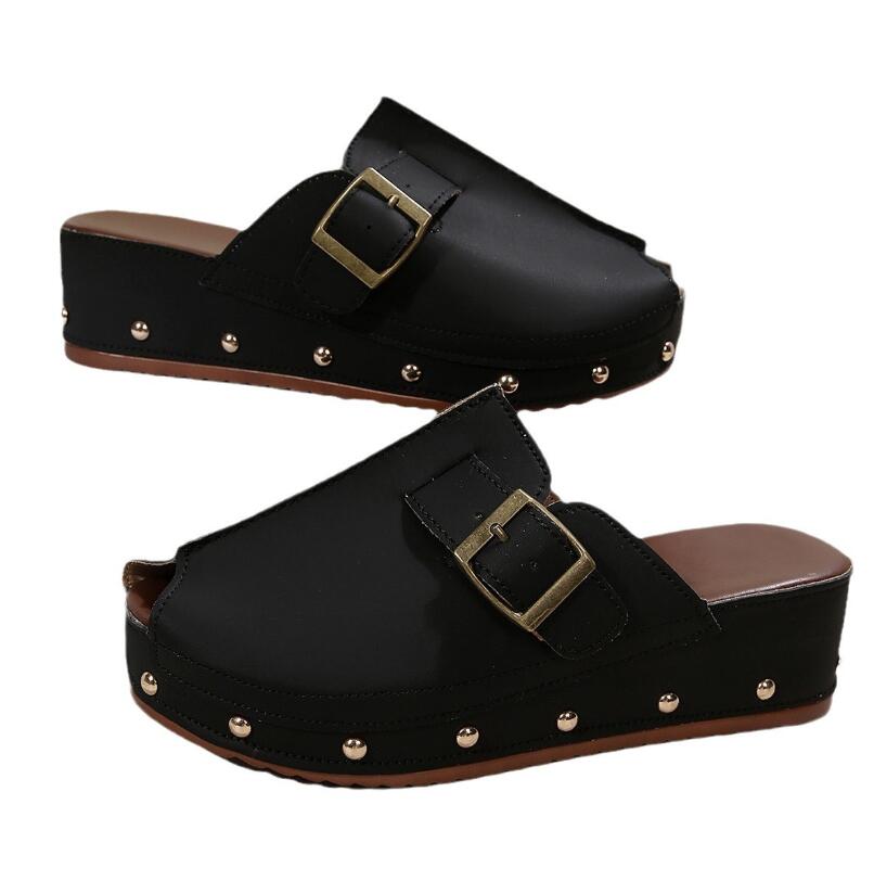 Women's Fish-mouth slippers with thick soled buckle rivets Woman Platform Sandals Wedges Heeled Shoes Sandalias Footwear