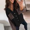 Lässige, langärmlige Denim-Hemd-Top-Jacke für Damen mit Leoparden-Patchwork-Knopf