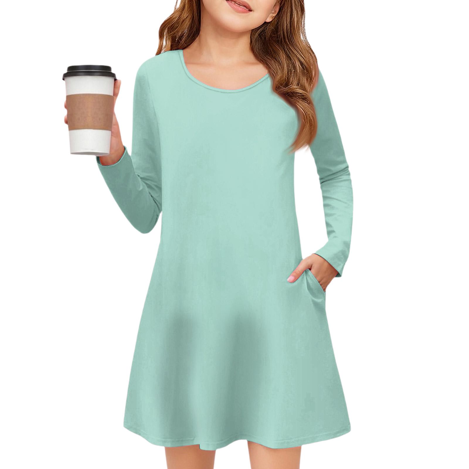 

Girls Long Sleeve Dress - Solid Color Pocket Dress 110