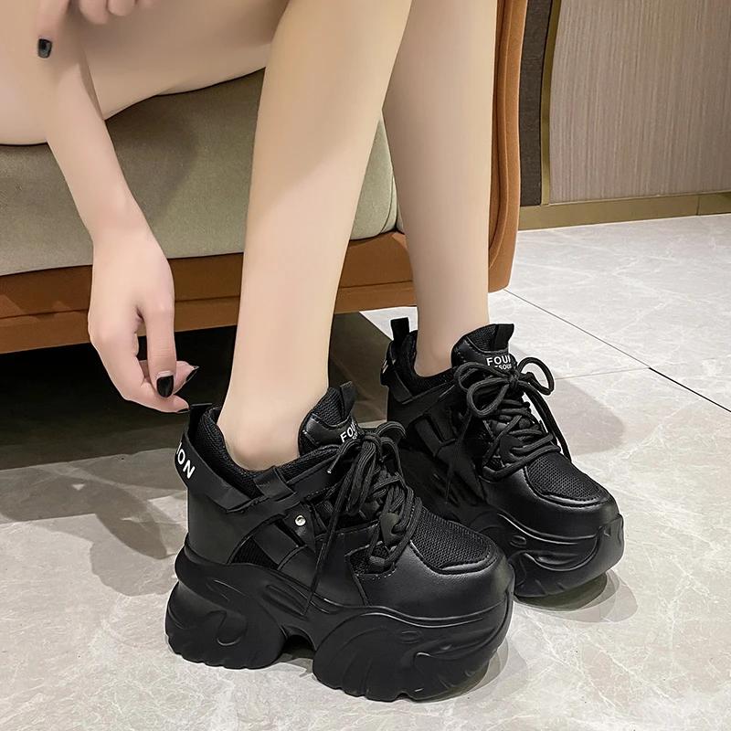 Fashion 10.5CM Wedge Heels Shoes For Women Leather Casual Shoes White Black High Top Chunky Sneakers Woman Vulcanized Lace Up Mesh Shoes