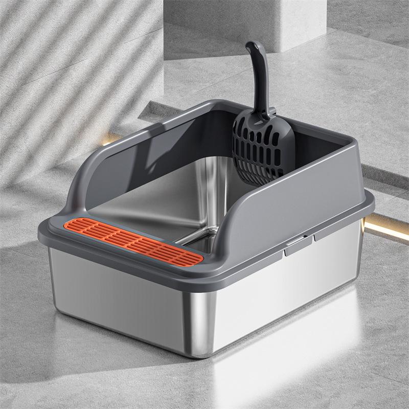 Kitten Extra Large Stainless Steel Litter Box - Semi-Enclosed, Raised, Anti-Splash, Anti-Carry-Out 43.5*33.5*20cm - Base 10