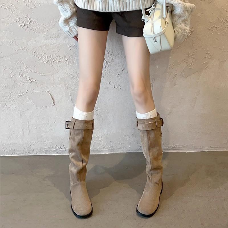 But knee boots women's 2025 autumn new thick heel round head thin tall knight boots western fold pile boots