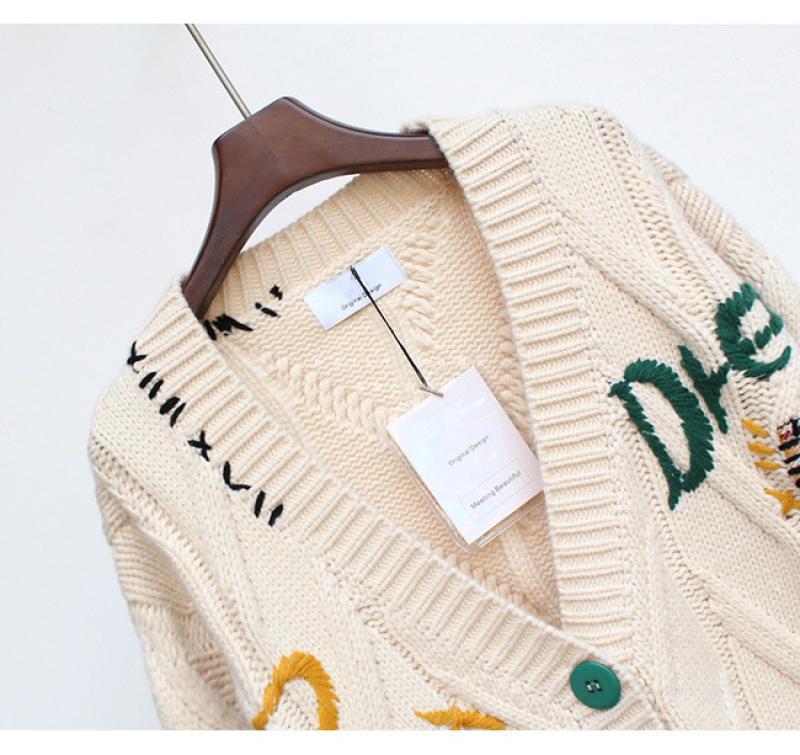 Chic Autumn/Winter 2023 Embroidered Letter Design Loose Knitted Cardigan for Women