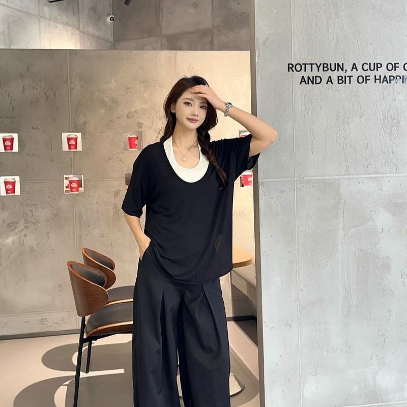 Modal Deep U-Neck Tshirt Summer Loose Short-sleeved T-shirts Simple Thin Tees Casual Tee Tops