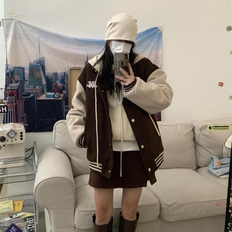 Women's Winter Trendy Korean Velvet Baseball Jacket with Embroidery