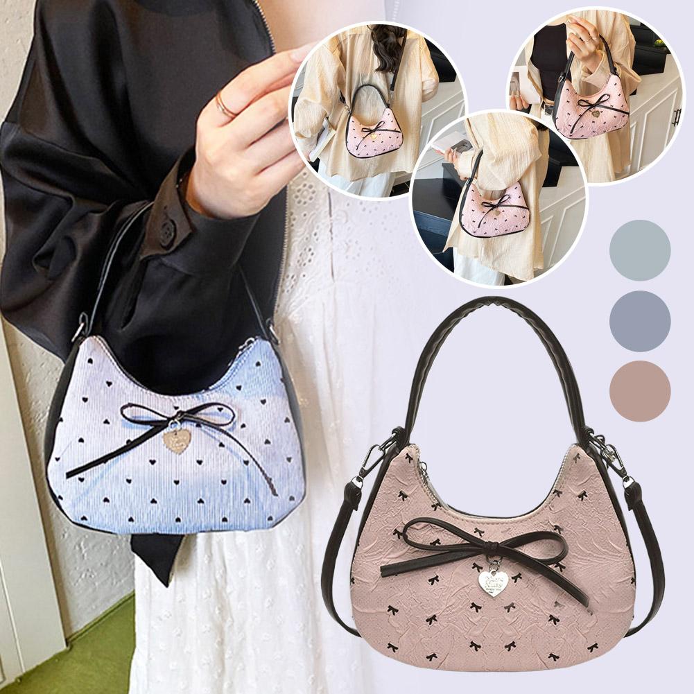 Fashion Bow Handbag for women Sweet Print Metal heart Pendant Underarm pouch Single shoulder Commuting Hand-held Crossbody bag