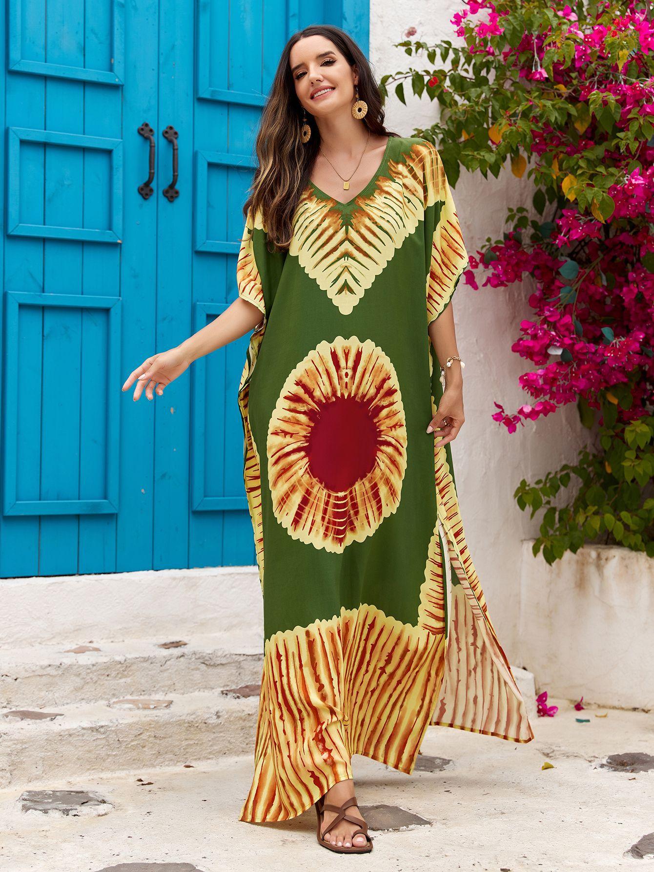 

Платье из 5-цветного хлопкового принта с V-образным вырезом, платье для отпуска, халат большого размера, блузка-бикини 3896 one size