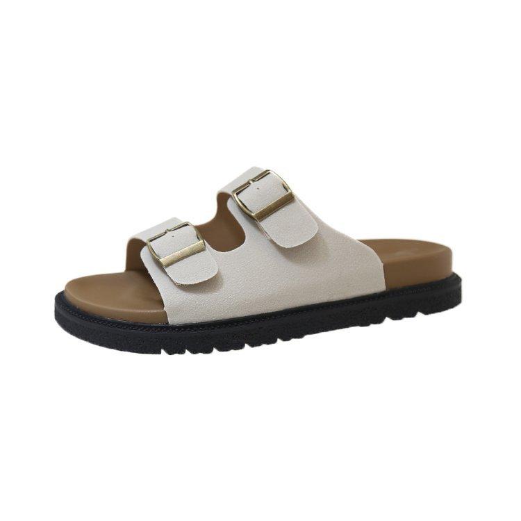 Thick-soled Cool Slippers for Women To Wear Summer New Retro Leather Buckle One-word Slippers Beach Casual Sandals