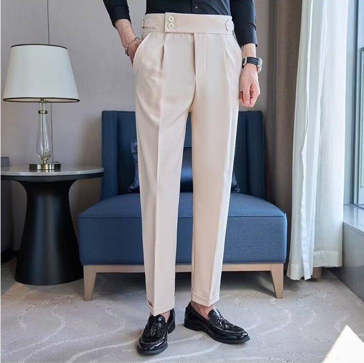Men's Slim Fit British Business Casual Trousers - Korean Fashion Style, Solid Color, Naples Straight Leg.