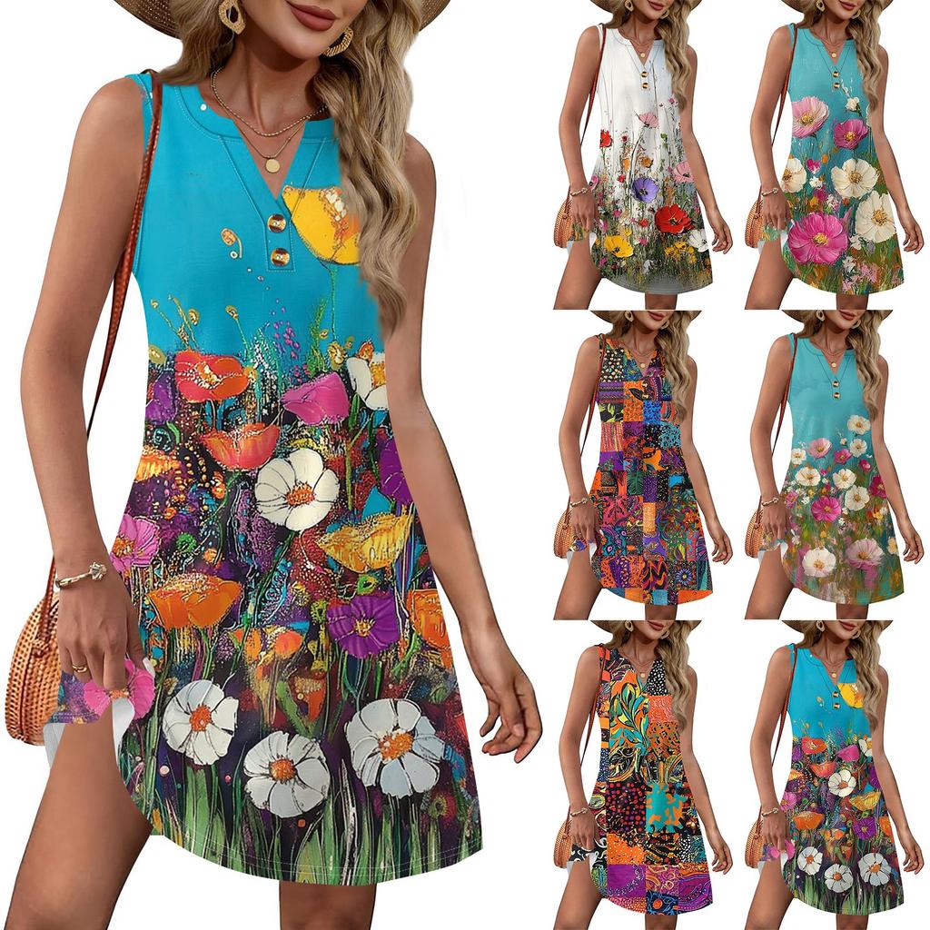 Ladies' Fashionable Gradient Print V-neck Button-down Pocket Vest Dress Beach Vacation Summer Dress