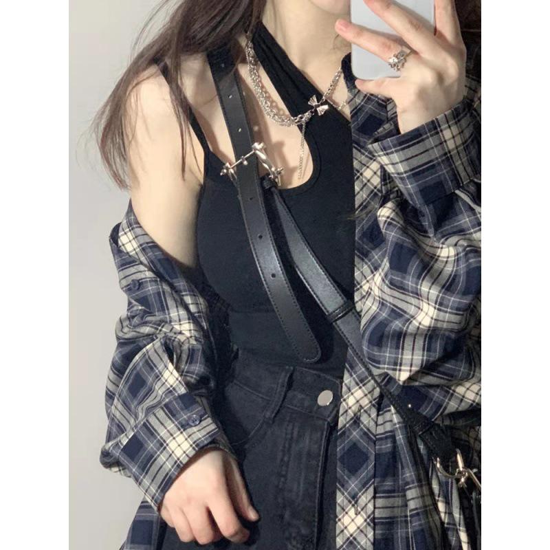 

Клетчатая рубашка средней длины от инфлюенсера: Женский модный топ с длинным рукавом на весну и осень, дизайн 2025 M
