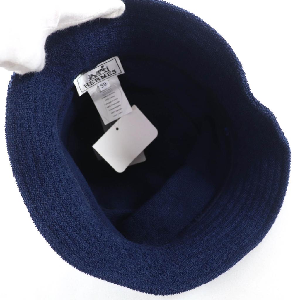 Pristine HERMES Hat H Logo Embroidered Bucket Hat Navy Cotton Women XS Used