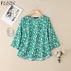 Women Casual Round Neck 3/4 Sleeve Loose Print Blouse
