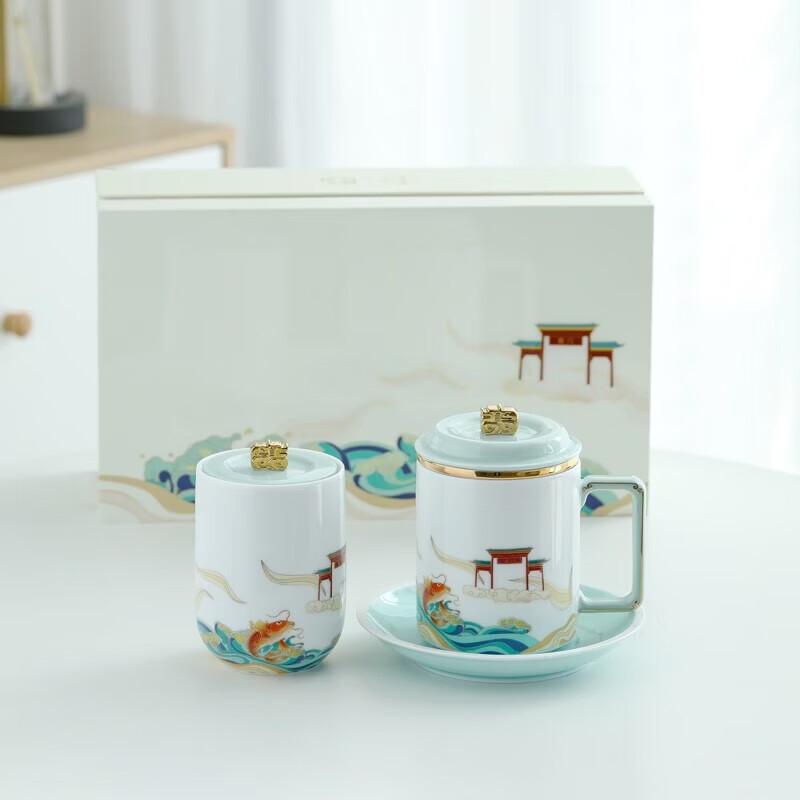 Wan Chun He Carp Leaping Dragon Gate Stainless Steel Tea Set with Ceramic Caddy