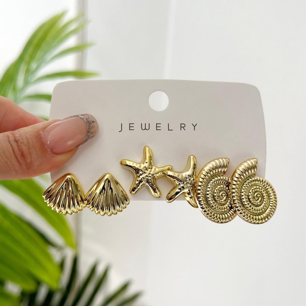 CCB Shell Starfish Stud Earrings Set For Women Men Conch Spiral Waterdrop Earrings Fashion Summer Beach Seaside Party Zircon
