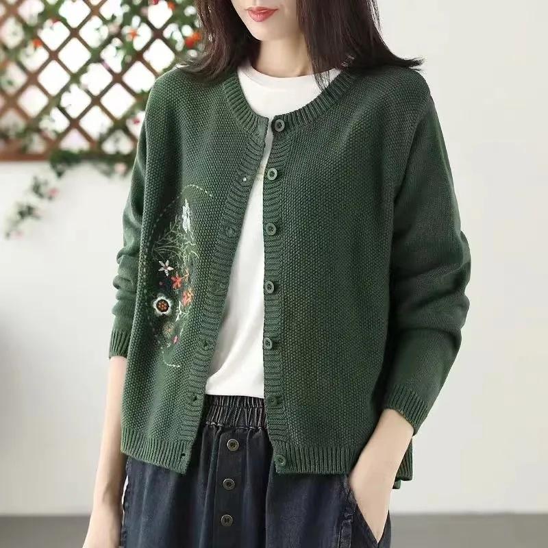 Sweater Knit Cardigan Women Loose Versatile Embroidery Round Neck Single-breasted Long-sleeved Sweater Coat