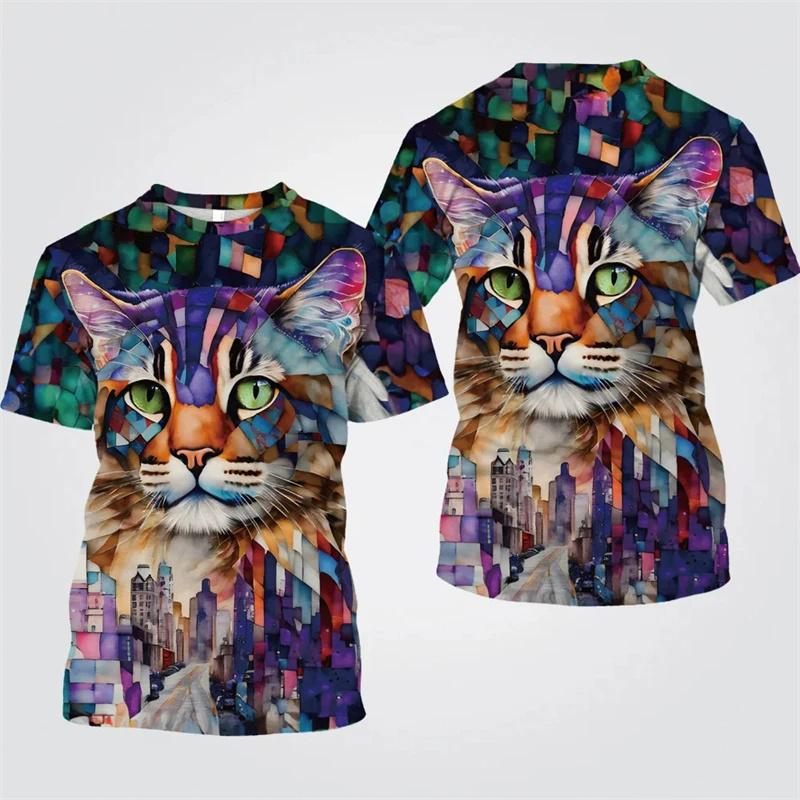 Colorful Cat Graphic T Shirt for Men Animal 3D Printed T-Shirts Summer Casual Fashion Loose Round Neck Oversize Tees Tops