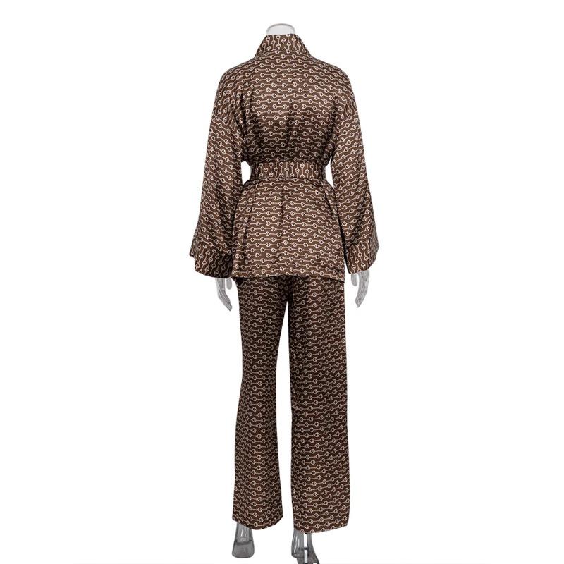 Casual Print Women'S Pajamas Set Loose Lace Up Robe Nightie Turn-Down Collar High Waist Pants Sleepwear Women Suit