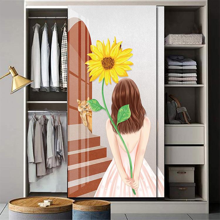 Sunflower Door Stickers Retro Decorative Sticker Self-adhesive Waterproof Colorful Pattern Wallpaper Mural Apartment Decor