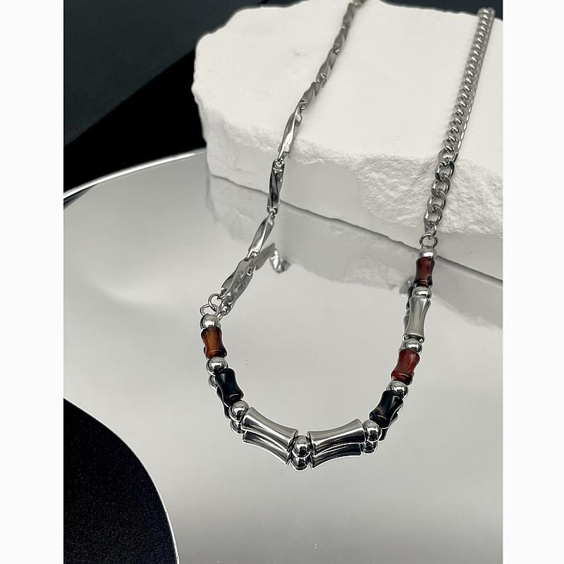 Geometric Beaded Agate Necklace With Steel Chain For Women And Men