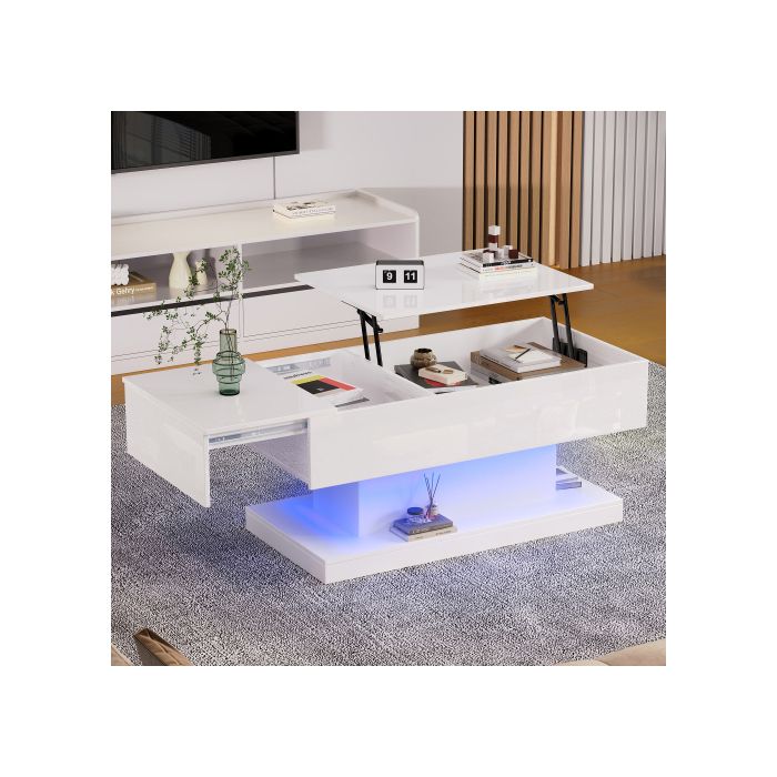 Table Basse LED - MUVOE - 100x50x45 Cm - Levage Hydraulique - Rangement Intégré - Finition Brillante