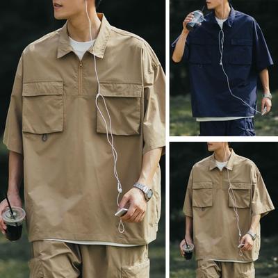 Summer Men Cargo Top Chest Pockets Solid Color Loose Zipper Plus Size Hip Hop Streetwear Plus Size Half Sleeves Half-open Turn-down Shirt