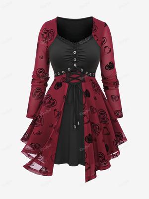 Rosegal Plus Size Lace Up Grommets Rose Flower Heart Flocking Mesh Ruched Asymmetrical Long Sleeve 2 In 1 Top