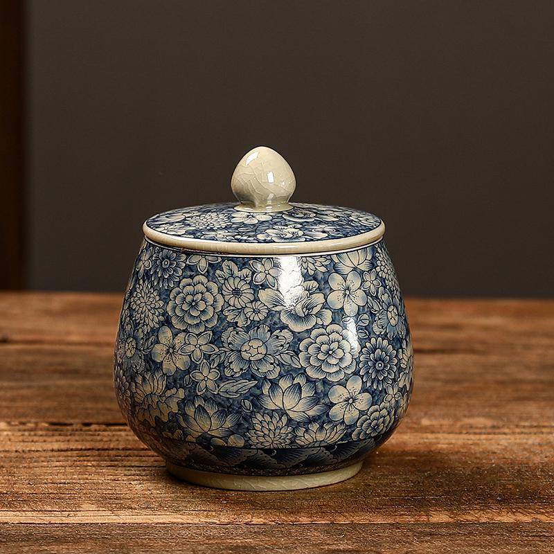 Puer Tea Storage Container Ru Kiln Blue and White Ceramic Household Small Chinese Tea Sealed Jar Storage Jar Retro Tea Box Can