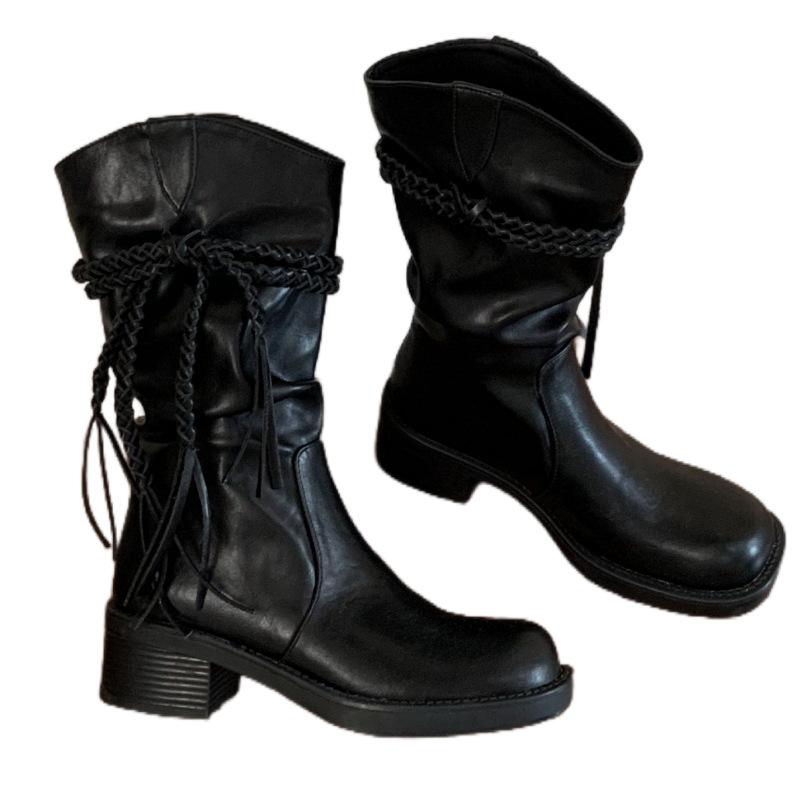 Mi Ting Retro Woven Fringed Boots Thick Heel Thin Medium Boots Egyptian Boots 2025 Autumn and Winter New Thin Stacking Boots
