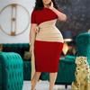 Pleated Strap Clothing Summer Short Color Matching Large Size Women's Sleeve Diagonal Collar Sheath Dress