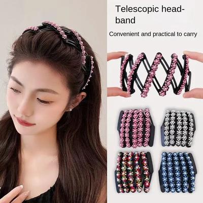 New Retractable Folding Headband Rhinestone Flowers Non-slip Elegant Hair Accessories Traveling Headband Pearl Hairband