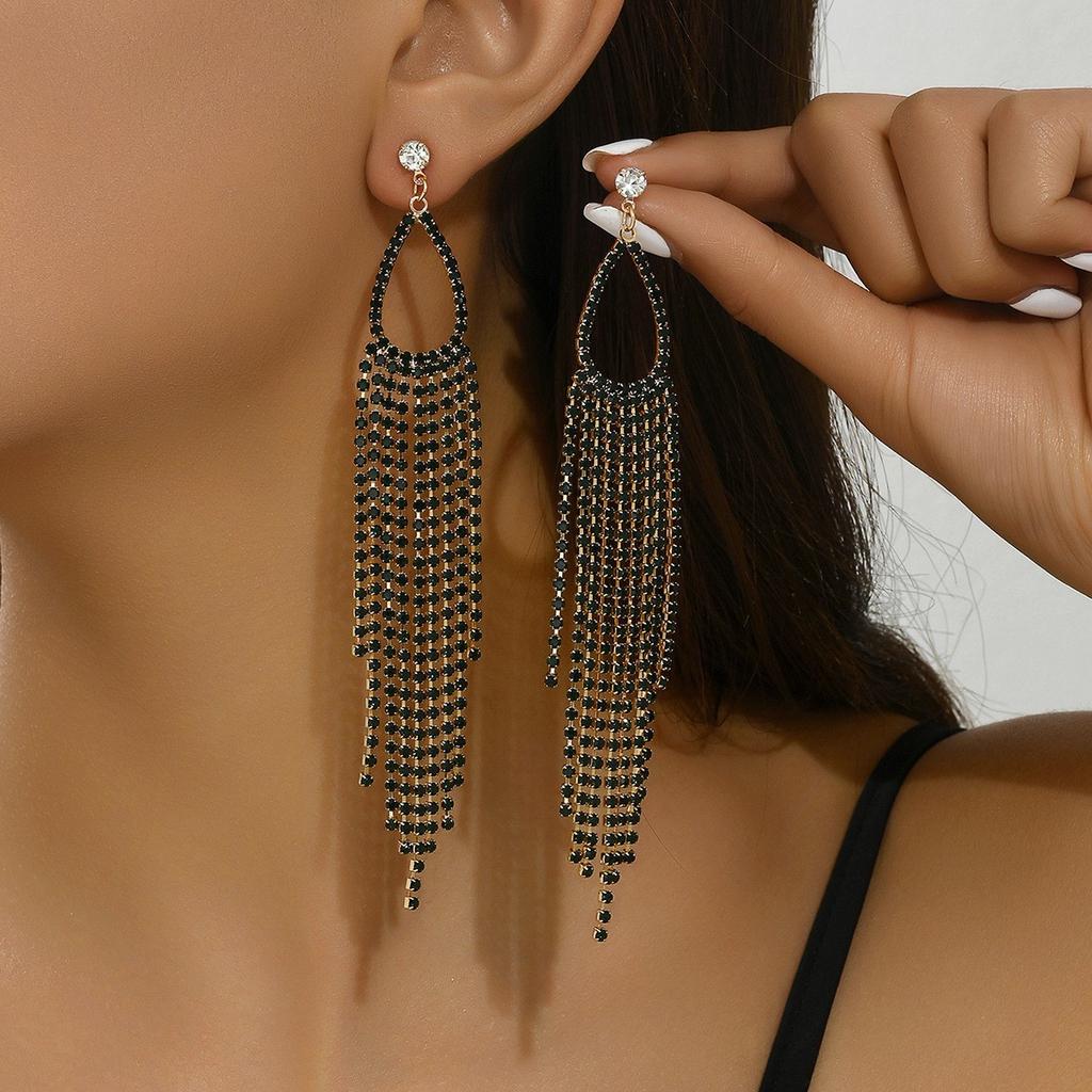 European and American Diamond-encrusted Metal Long Fringed Earrings Women's High-end Studs, Niche Temperament Earrings