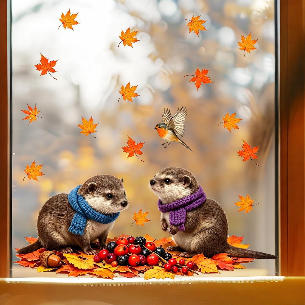 Autumn-themed Animal Window Stickers Featuring Otters, Squirrels, Hedgehogs and Red Pandas for Children's Room