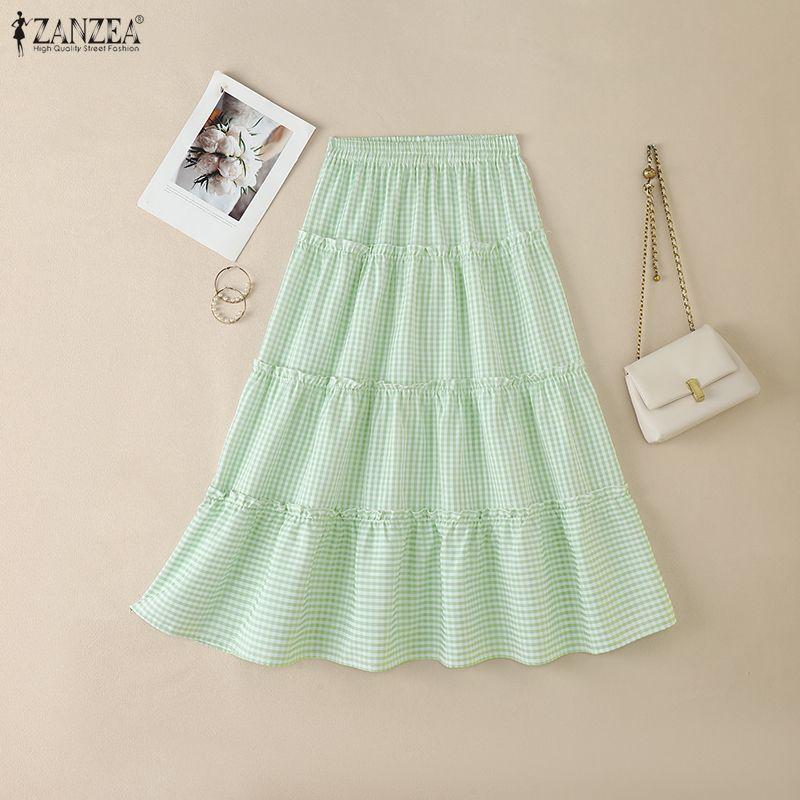 ZANZEA Women Casual Elastic Waist Loose Plaid Print Long Skirts