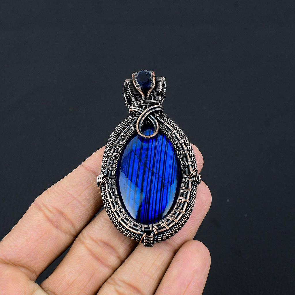 Blue Flash Labradorite Handmade Pendant, Natural Gemstone Jewelry, 999 Copper Wire Wrapped Pendant Jewelry, For Gift