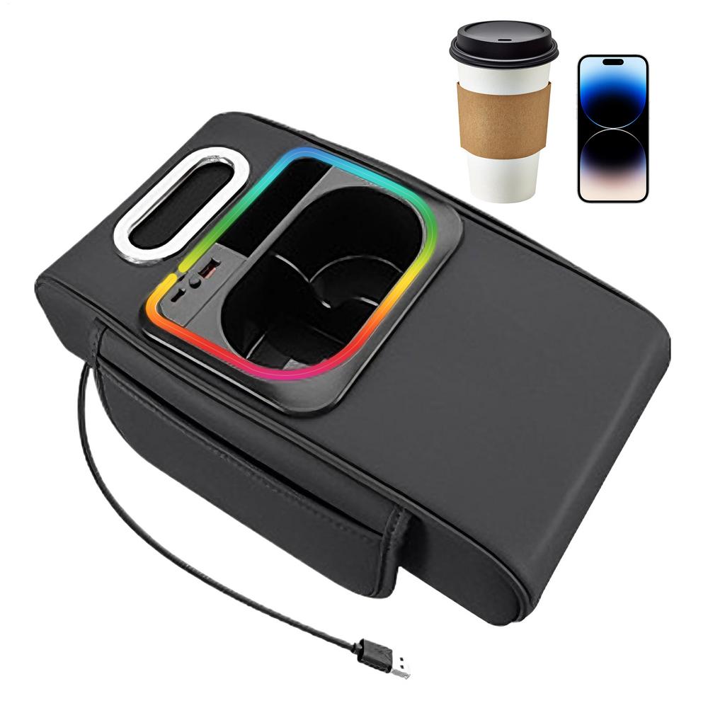 

Car Armrest Organizer Bottle Holder Tissue Box With Side Pocket Ambient Light USB Port Car Arm Rest Organizer For Central чорний