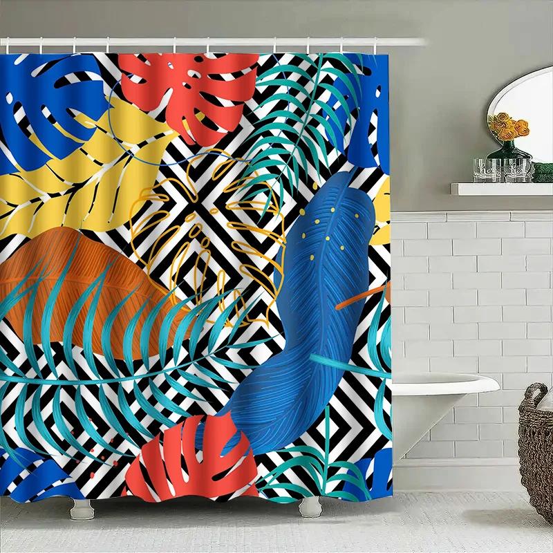 Modern Shower Curtain With Monstera Plant Print Bold Colors For Bathroom Decor Unique Wall Hanging Home Dcor Accessories