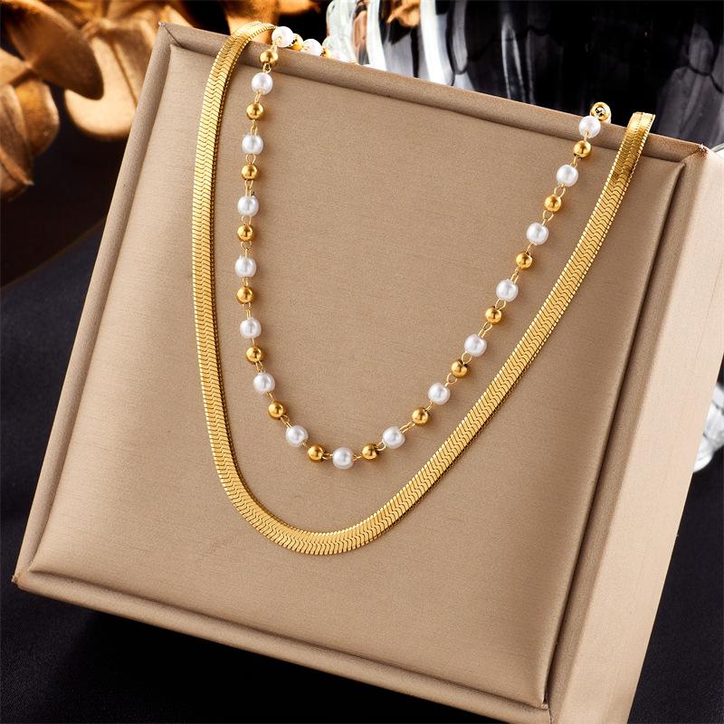 Gold Double Layer Snake Chain Pearl Bead Choker – Minimalist Elegant Jewelry, Timeless Charm Gift for Women