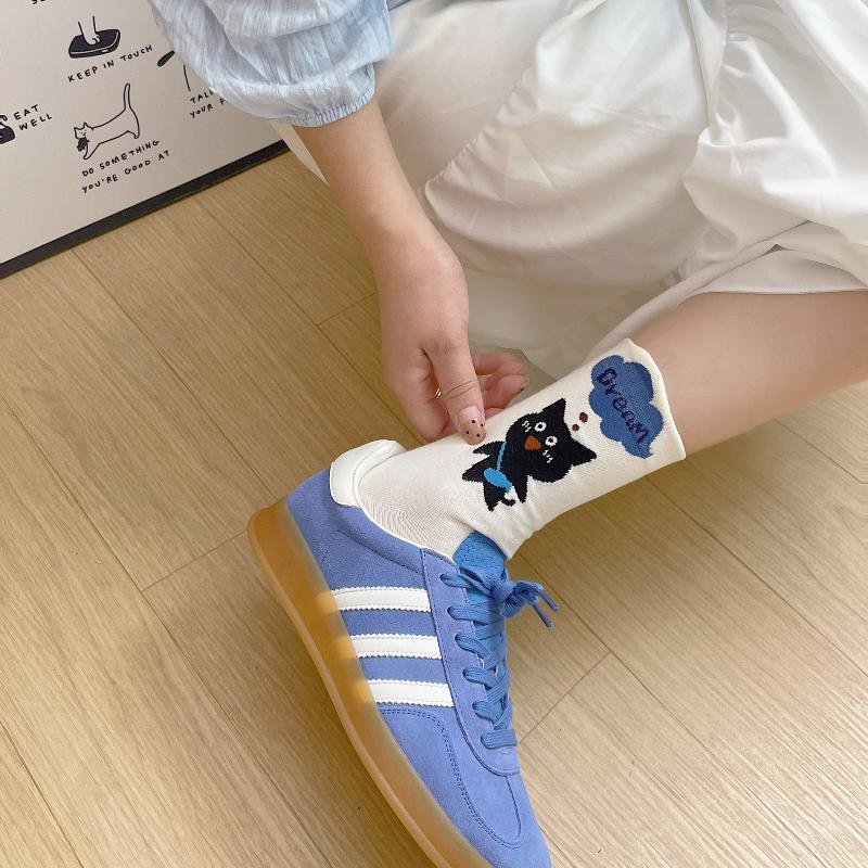 1 Paar lässige bequeme süße Katzen-Cartoon-Socken Damenmode vielseitige Mittelschaftsocken elegante einfache Damensocken