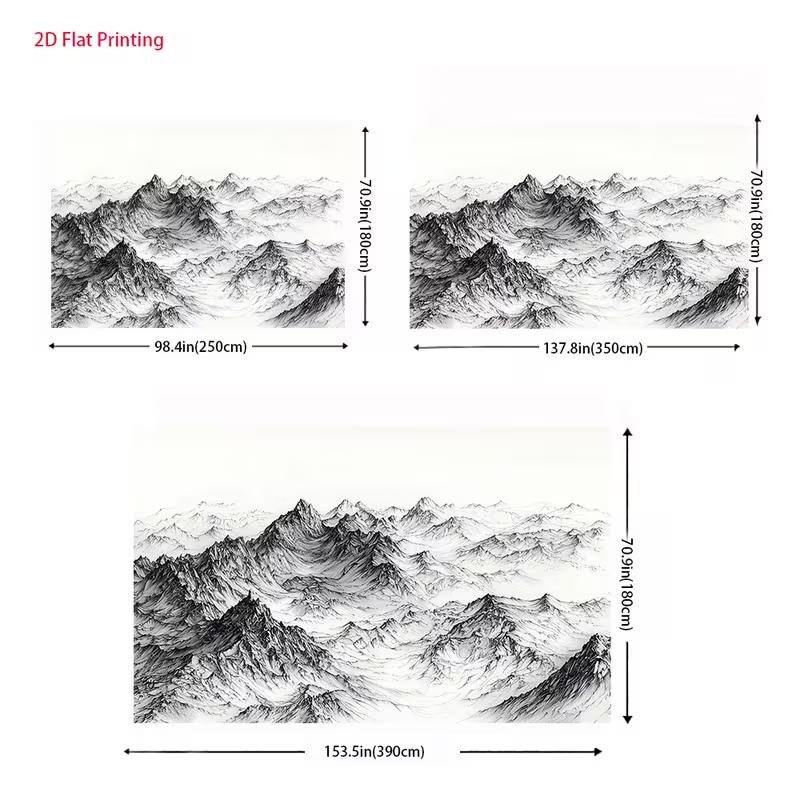 2D Monochrome Mountain Backdrop for Office, Ink Drawing Style Black and White Landscape