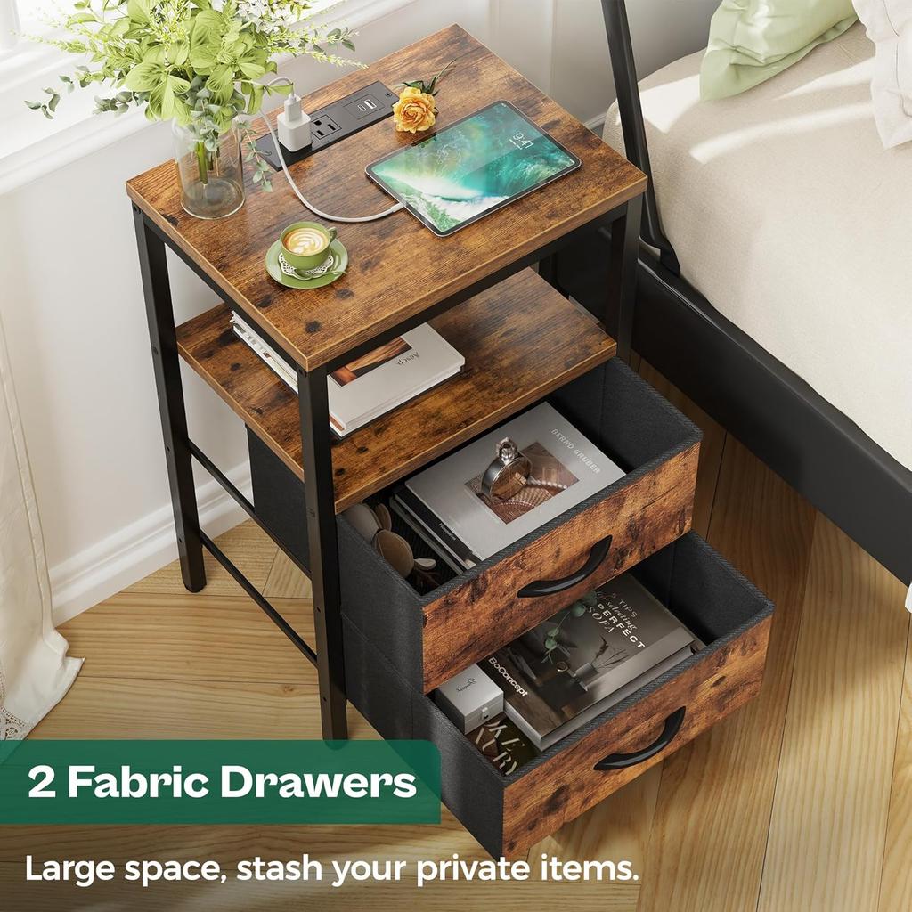 Nightstand with Charging Station, Fabric Drawers, USB Ports & Outlets, Rustic Brown End Table