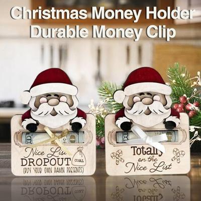 Christmas Money Clip Cute Santa Claus Reusable Holiday Decoration Cash Gift Card Wooden Money Storage Holder Ornament Party Gift