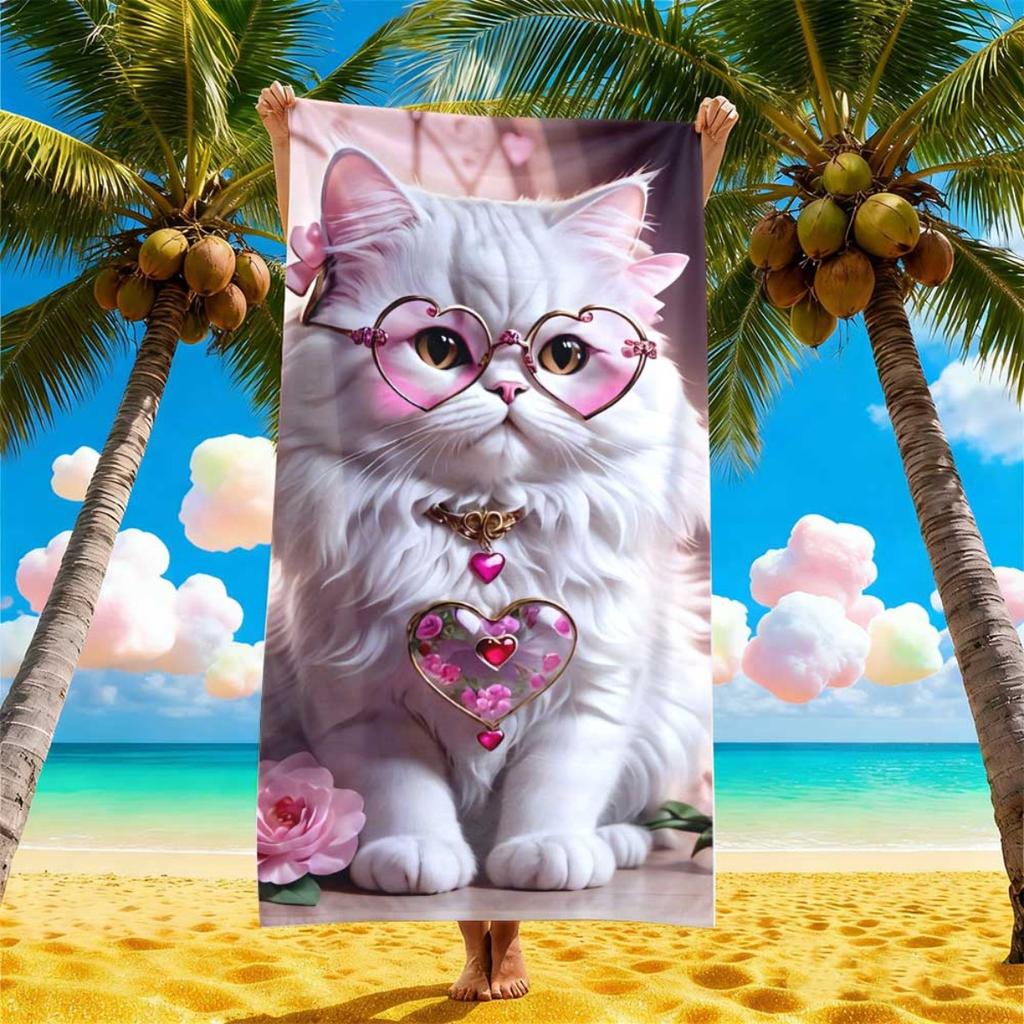 Sandproof Beach Towel Waterproof Microfiber 1Pc 2D Flat Printed Aesthetic Cat Animal Holiday Sunbath Lounger Blanket Seaside