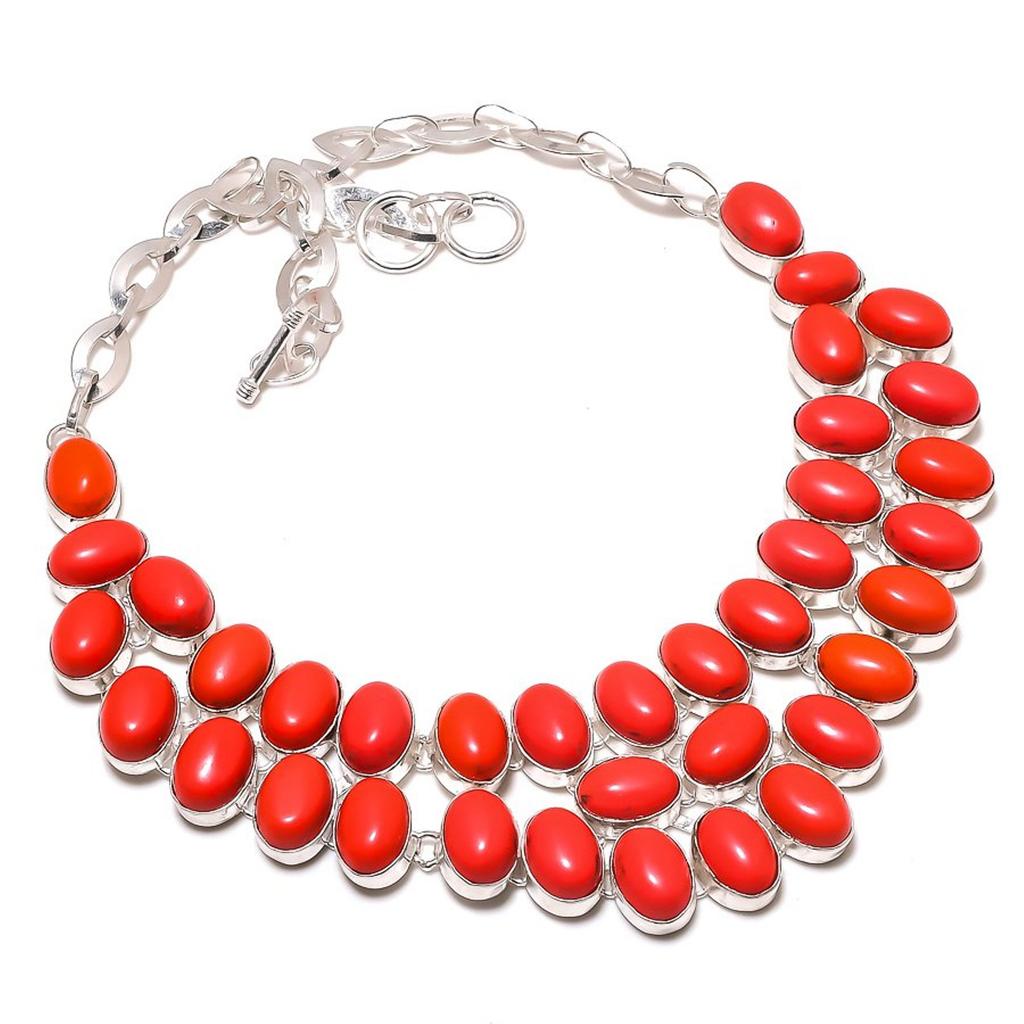 Red Coral Necklace 18" Adjustable Chain Silver Tone Polished Oval Gemstone Gifts