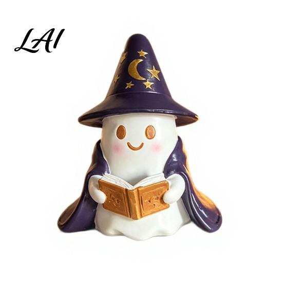 Whimsical Ghost Sculpture Lighted Figurine Resin Wizard Statue with LED Light Cute Indoor Halloween Accessories Reading Book Night Light for
