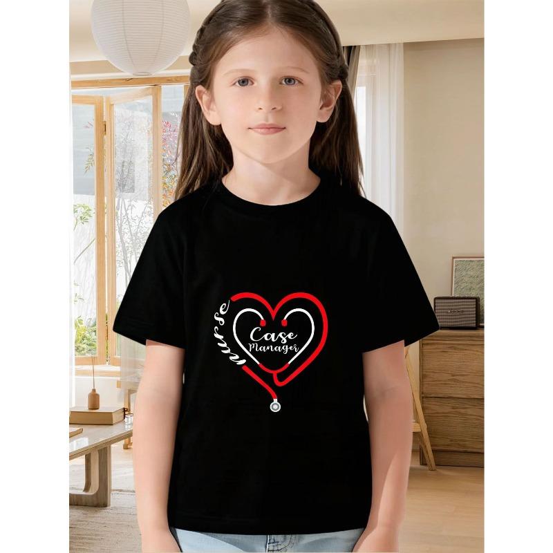 European sizes Nurse-Themed T-Shirt - Cute Heart & Stethoscope Print Short Sleeve Summer Top