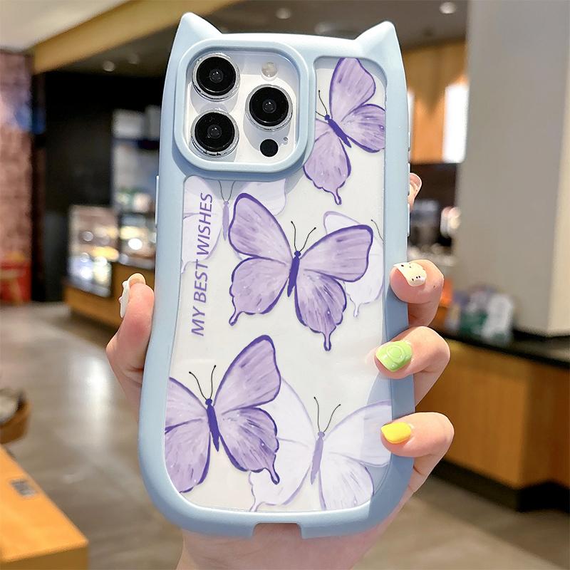 

Прозрачный корпус, противоударная жесткая акриловая задняя крышка с милым принтом бабочки + мягкий бампер из ТПУ для iPhone iPhone 16 Pro Max синий