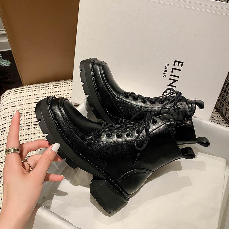 Krazing Pot Cow Leather Winter Shoes Thick Med Heels Handsome Lace Up British School Platform Women Ankle Boots