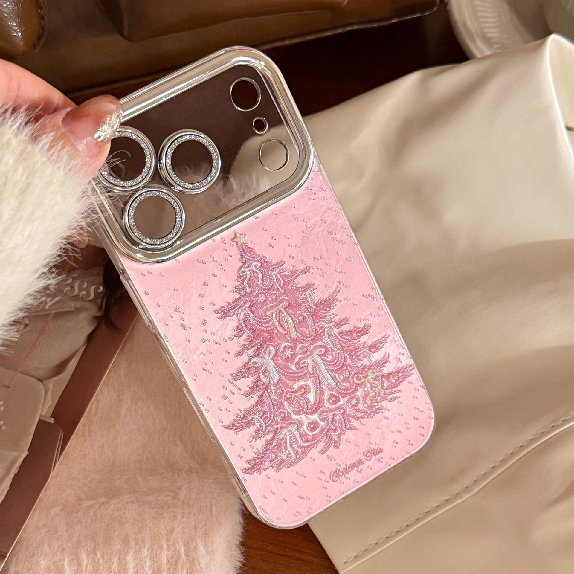 

Pink Glitter Christmas Tree Phone Case, Compatible with iPhone 13/15/16/17/Pro Max, with Bracelet 16 Pro Max
