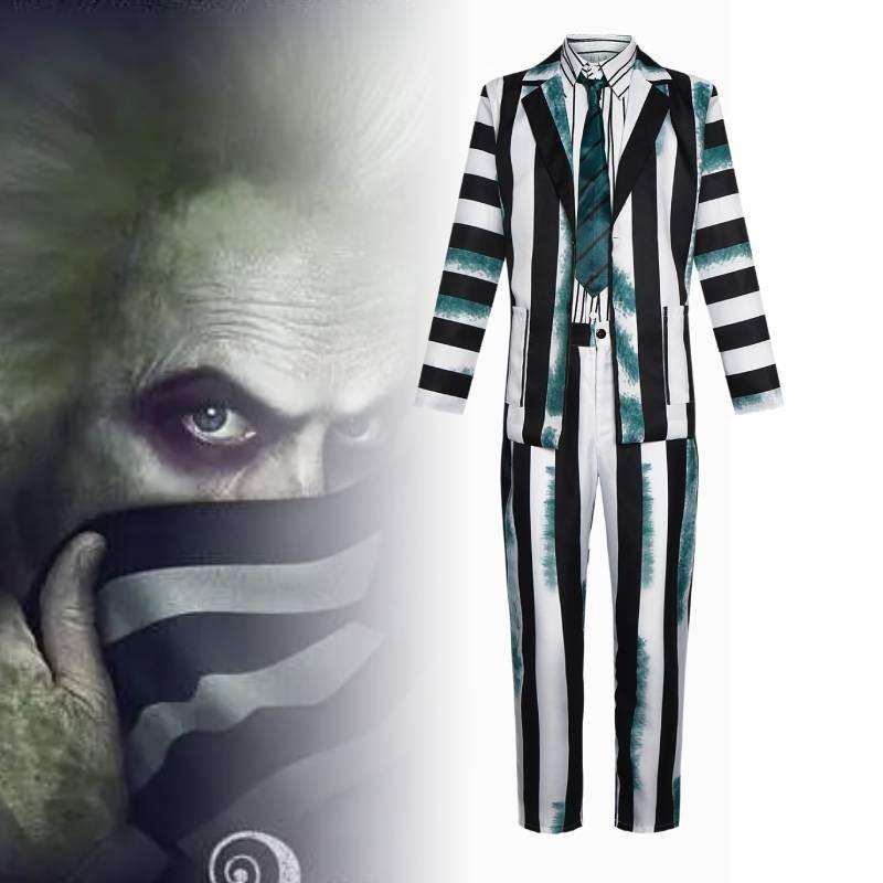 Snygg Beetlejuice Cosplay-dräkt med gröna, svarta och vita ränder Mjukt tyg